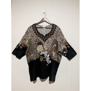 Ulla Popken Cotton Top 28 /30 Notch Neck Beaded Emb Leopard 3/4 Sleeve B64